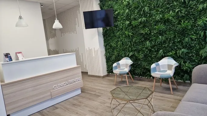 Recepción de Diseña Dental en Vigo con mostrador de madera y pared vegetal