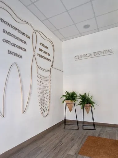 Entrada de Diseña Dental con un mural de un diente y el listado de especialidades